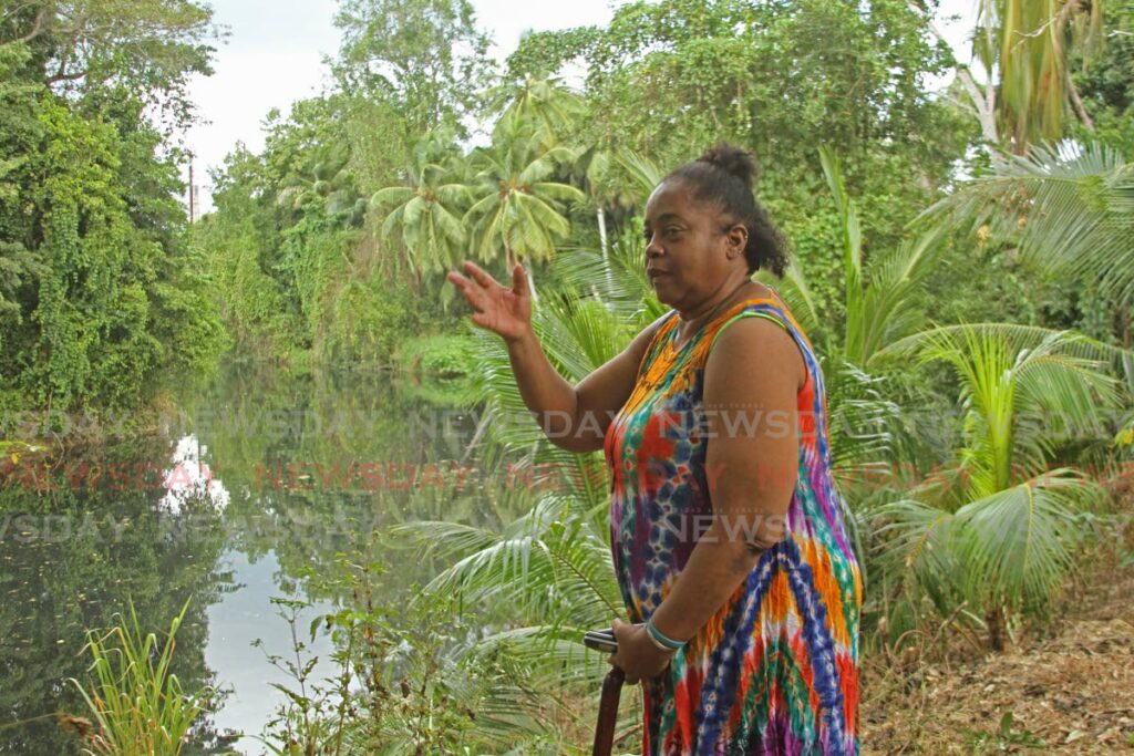 Wendy Brewster, of Sixth Street in Marabella, speaks with Newsday on Monday on the bank of the Guaracara river which runs behind her home. - Marvin Hamilton