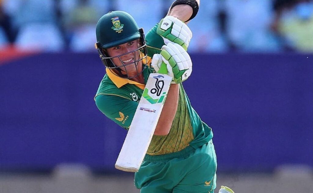 South Africa's Dewald Brevis made 104 runs off 110 balls during the ICC U19 World Cup match against Uganda, on Wednesday, at the Queen's Park Oval, Port of Spain. - 