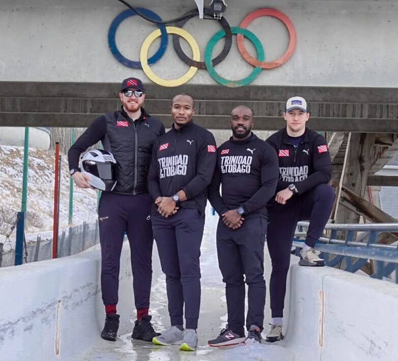 Trinidad and Tobago men's bobsleigh team (L-R) Axel Brown, Andre Marcano,Mikel Thomas and Tom Harris.  - Photo via TT Olympic Committee