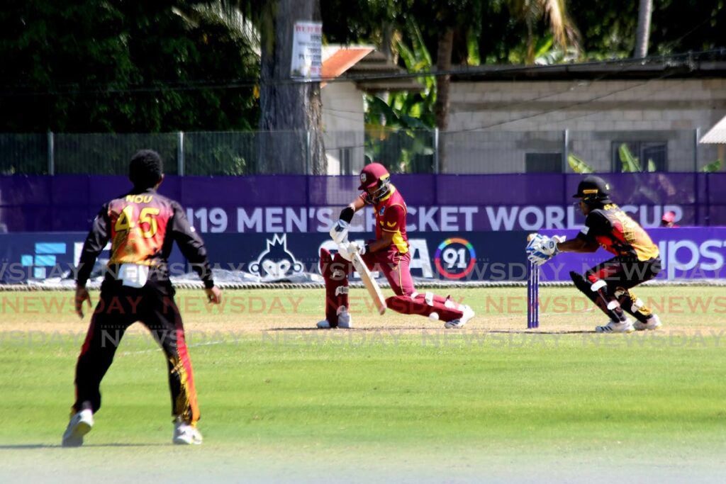 West Indies U19 captain Matthew Nandu bats during the ICC U19 World Cup match against Papa New Guinea, on Wednesday, at the Diego Martin Sporting Complex. - SUREASH CHOLAI