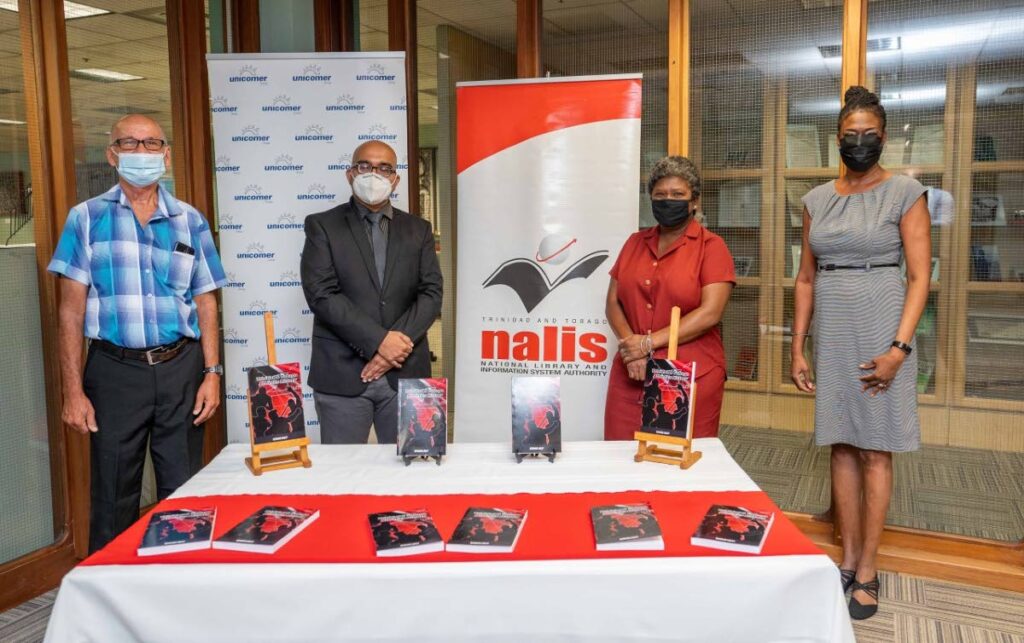 Jan Westmaas; public relations officer, Unicomer (Trinidad) Ltd), Shahad Q Ali; Gerada Holder, librarian IV, Heritage Library Division, Nalis; and Debbie Goodman, manager, corporate communications, Nalis at the presentation of  40 copies of TT’s Athletics History by Bernard Linley, a former national record-holder in the 400 metres hurdles. - 