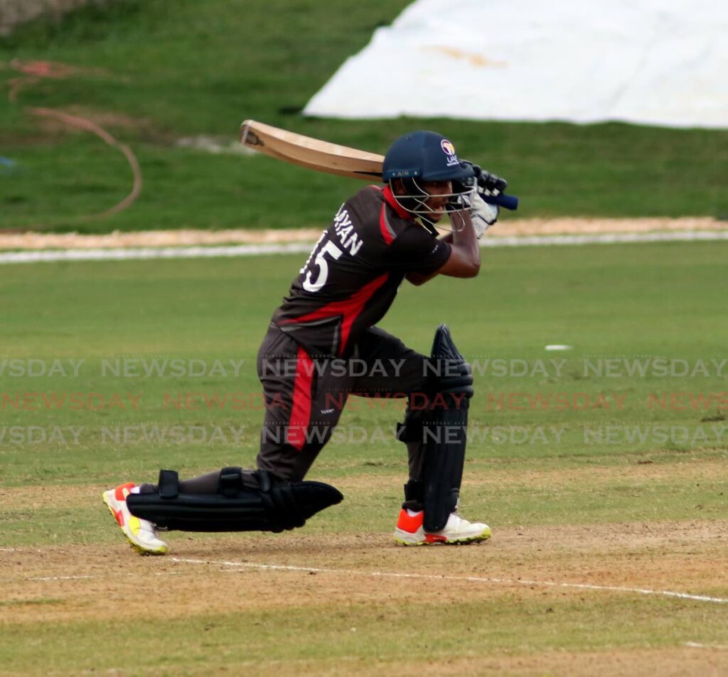 United Arab Emirates batsman Aayan Afzal Khan plays a shot during the ICC Under-19 World Cup ninth place playoff semi-final match against the West Indies at the Queen's Park Oval, St Clair on Friday.  - SUREASH CHOLAI