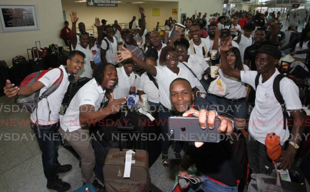 Carifesta delegates from Guyana take a photo on arrival at Piarco International Airport on August 15, 2019. - ANGELO MARCELLE 