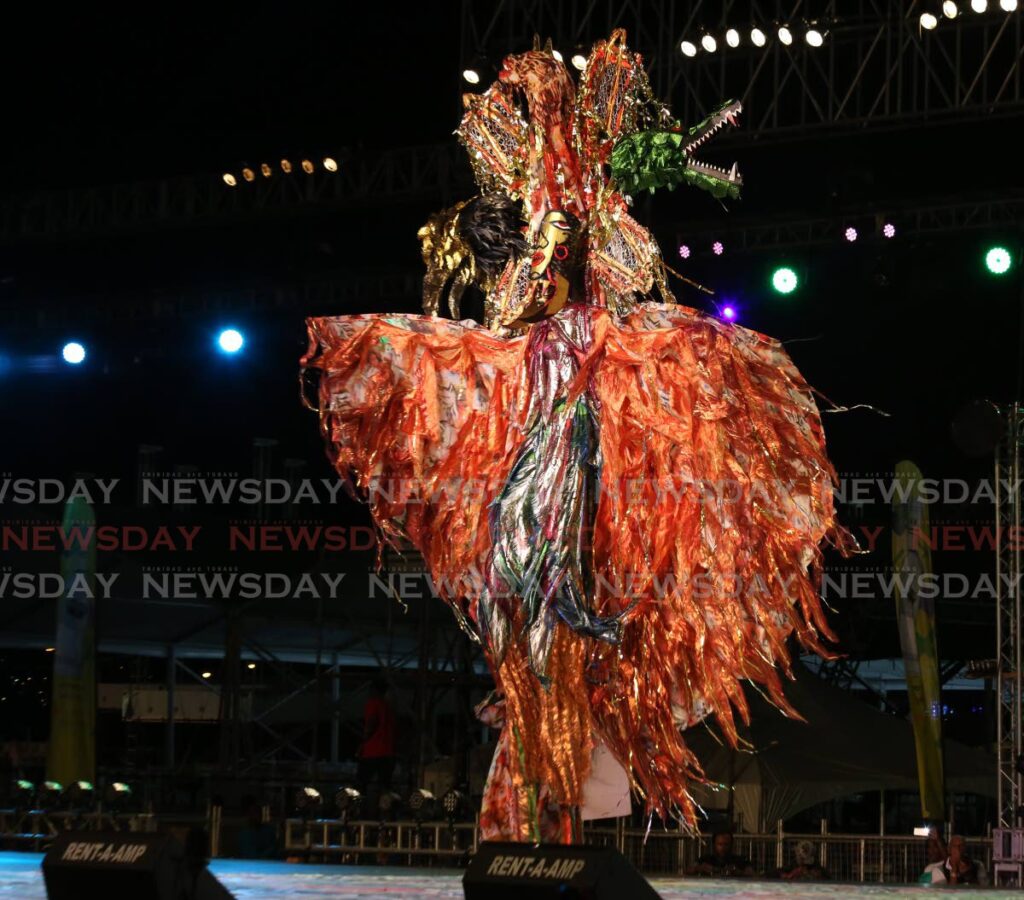 Russel Grant displays his costume Montezuma during the King of Carnival finals at the 2020 Dimanche Gras at the Grand Stand, Queen's Park Savannah. PHOTO BY SUREASH CHOLAI - 