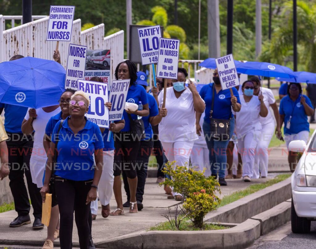 Nurses of the Scarborough General Hospital protest outside the hospital in 2020, calling on government to end short-term contracts in favour of permanent employment. FILE PHOTO  - 