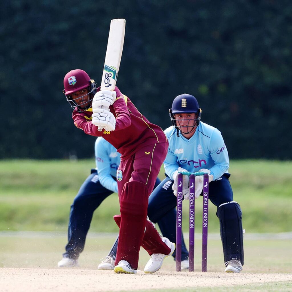 In this Sep 6, 2021 file photo, West Indies’ Teddy Bishop bats during the 2nd One Day International match against England U19 at The County Ground, in Beckenham, England. On Monday, Bishop made an unbeaten 112 against Zimbabwe, during the ICC U19 World Cup match, at the Diego Martin Sporting Complex. - 