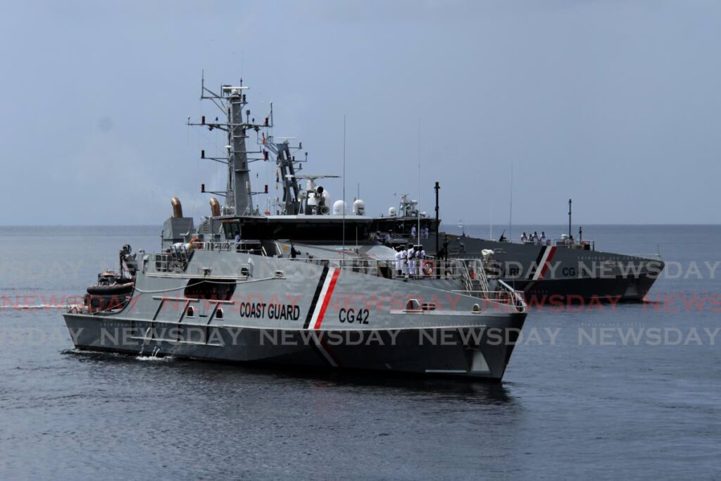 FILE PHOTO: The TTS Scarborough (CG 42), front, and the TTS Port of Spain at see. A smaller high-speed pursuit vessel can be seen mounted on the rear of the TTS Scarborough. - 