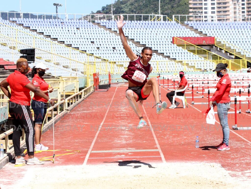 In this photo taken on January 29, Tobago Falcons’ Moses Mc Conney takes part in the Boys Under-17 long jump, at the NAAA’s preparation meet, at the Hasly Crawford Stadium, Mucurapo. - Angelo Marcelle