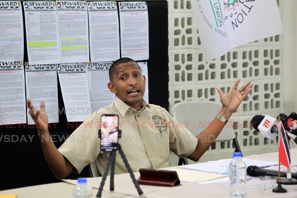 Clyde Elder, general secretary of the CWU speaks during a news conference at the union's headquarters at Henry Street, Port of Spain on Monday. - ROGER JACOB