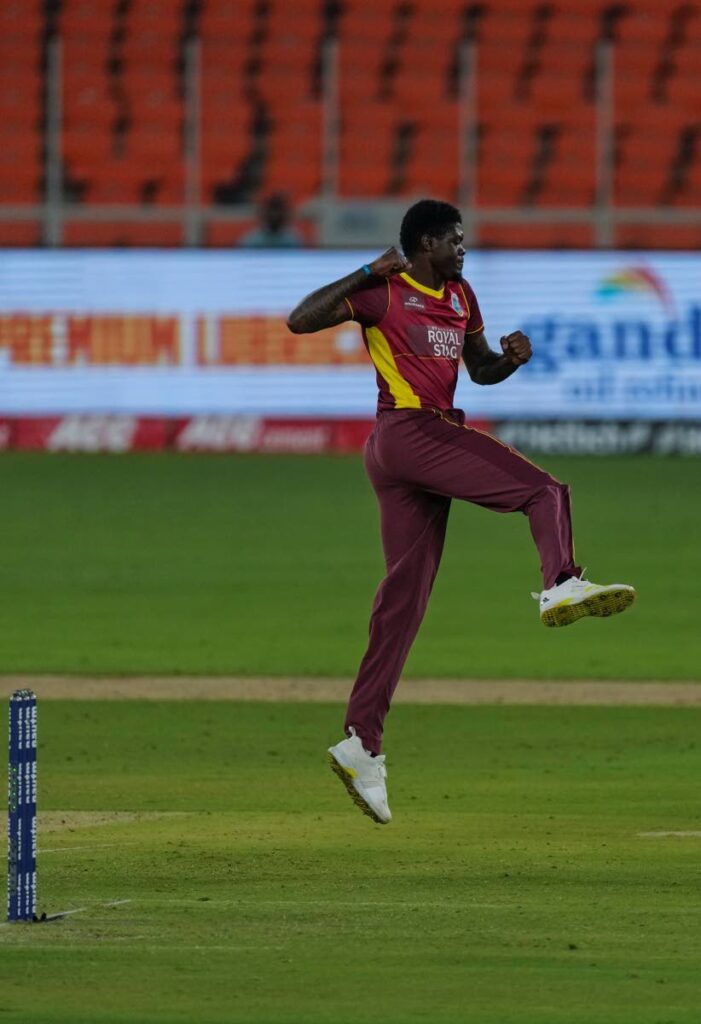 West Indies’ Alzarri Joseph celebrates the wicket of India’s
 Virat Kohli during the first one day international in Ahmedabad,
 India, on Sunday. 
(AP Photo) - 