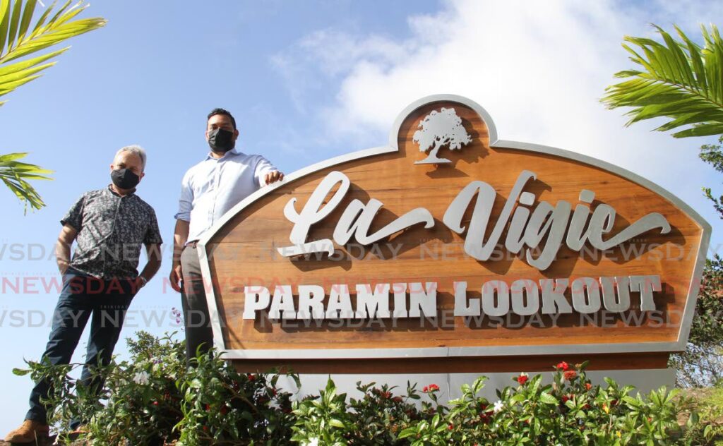 Minister of Finance Colm Imbert and Minister of Tourism, Culture and the Arts Randall Mitchell at the La Vigie Paramin Lookout, Paramin, during its launch on Wednesday. - Ayanna Kinsale