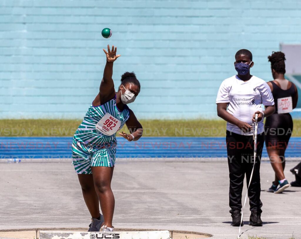 Mia King of RSS Phoenix participates in the girls shot put during the National Association of Athletics Administrations (NAAA) 2022 second preparation meet, at the Dwight Yorke Stadium, Bacolet on February 13. - David Reid