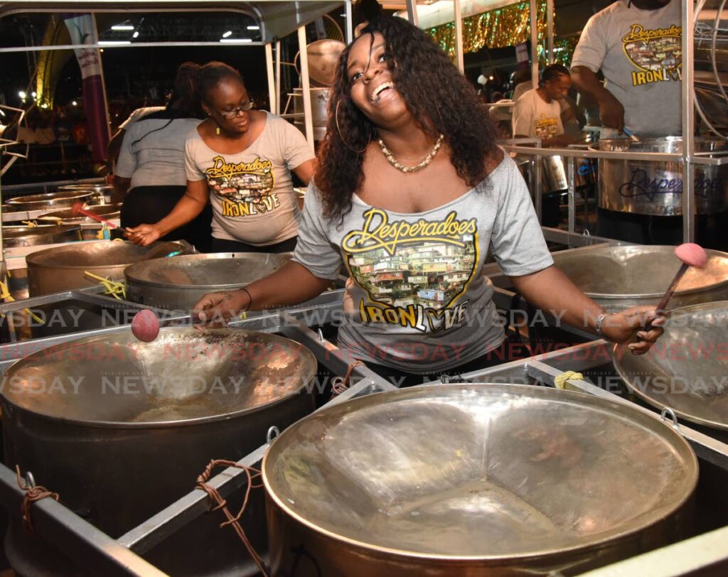 FILE: A basswoman from Desperadoes steelband performs at the 2019 Panorama semis in the Queen;s Park Savannah, Port of Spain.
Pan events for A Taste of Carnival begin with auditions for small and single pan bands on February 11 in the Southern Region, in the Eastern  Region on February 12 and Northern Region on February13. - 