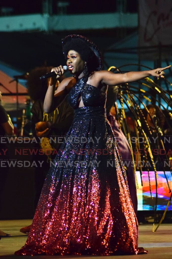 Reigning Calypso Monarch Terri Lyons sings one of her winning songs during the 2020 National Calypso Monarch final at the Queen's Park Savannah. - 