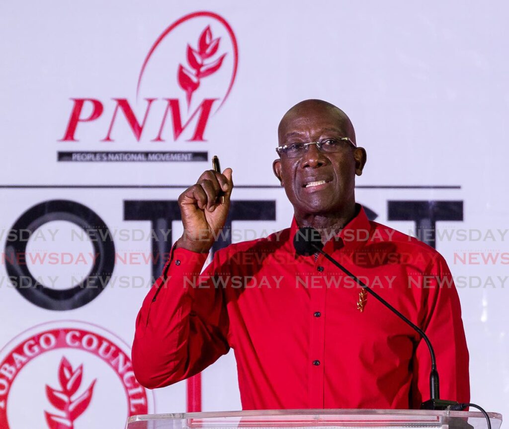 Prime Minister and PNM leader Dr Keith Rowley at a PNM meeting at Mason Hall Secondary School, Tobago on November 20, 2021. - PHOTO BY DAVID REID