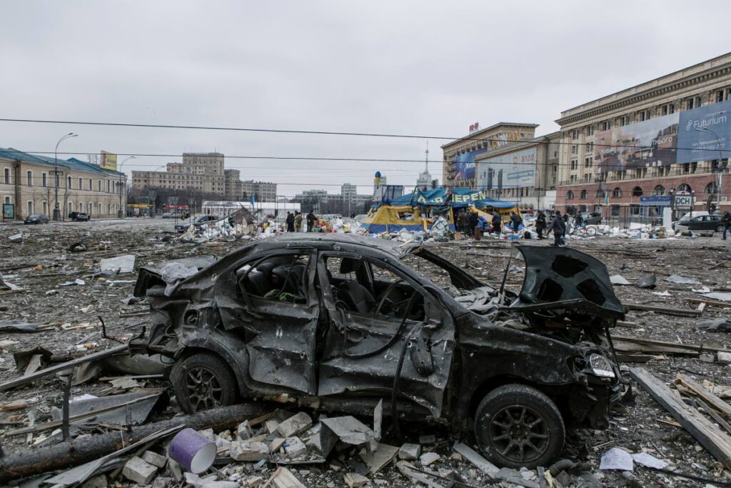 A view of the central square following shelling of the City Hall building in Kharkiv, Ukraine, Tuesday. Russia on Tuesday stepped up shelling of Kharkiv, Ukraine's second-largest city, pounding civilian targets there. AP PHOTO - 