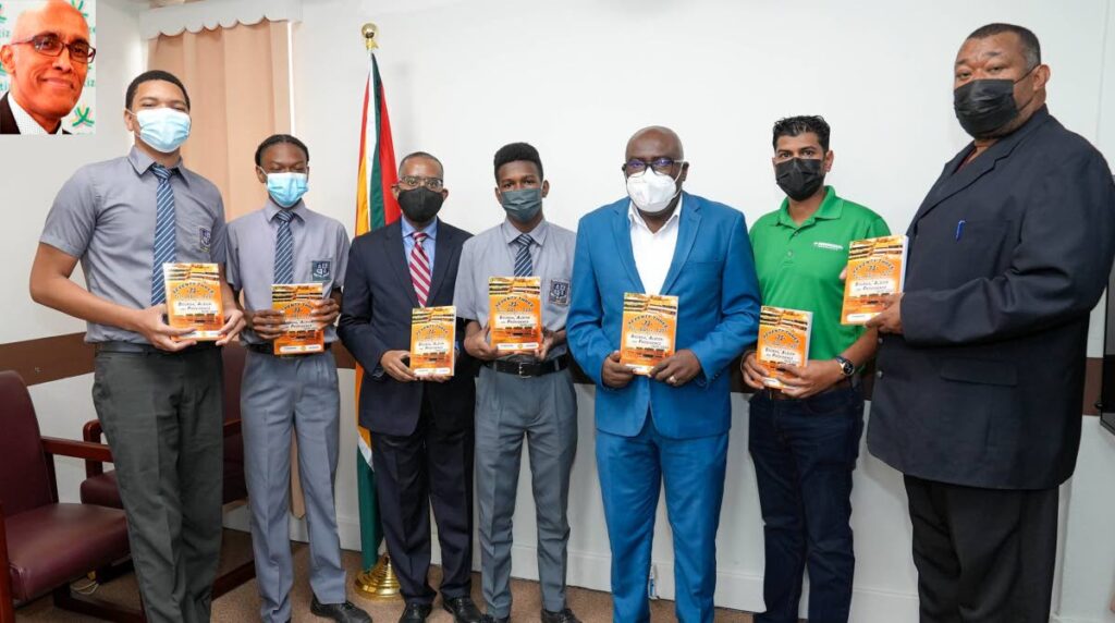 Students of St Stanislaus College pose with their copies of the book along with Dr Marcel Hutson, chief education officer, Ministry of Education (third from right); Mark Regis, country chairman, Shell (fourth from left); Amit Mohabir, territory manager, St Kitts and Nevis, Nagico Insurances (second from right); Hilbert Foster, Berbice Cricket Association, representing Motorworld (right). Inset is author Nasser Khan.
 - 