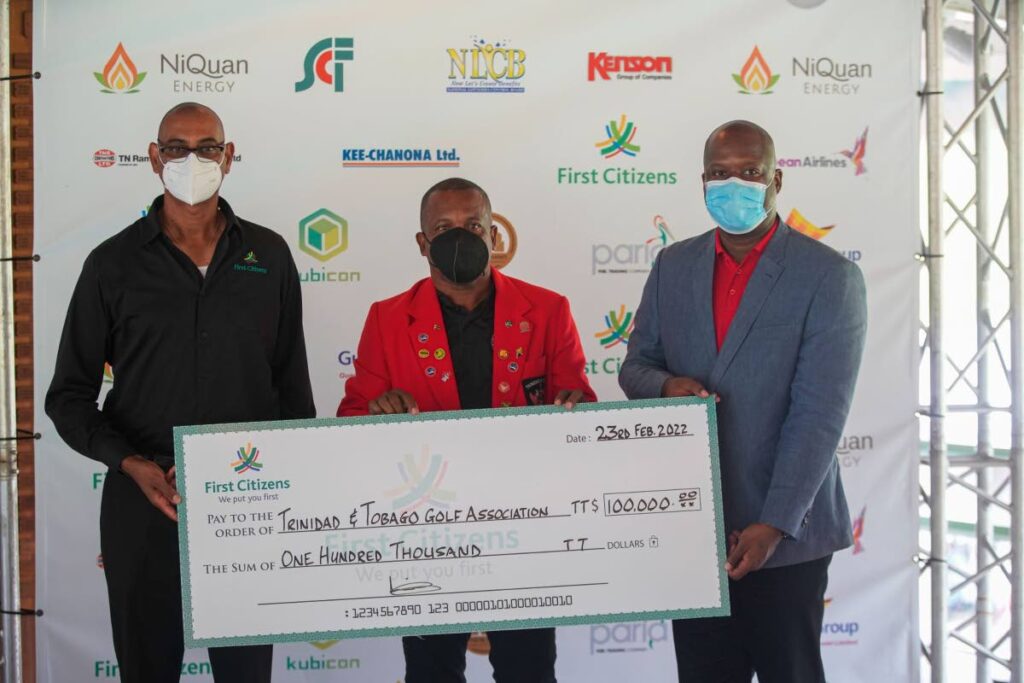 L-R Robin Lewis, general manager Retail and Commercial Banking, First Citizens presents the sponsorship cheque to Wayne Baptiste TT Golf Association president and Justin Latapy-George head of Sport Development, SporTT - Courtesy First Citizens
