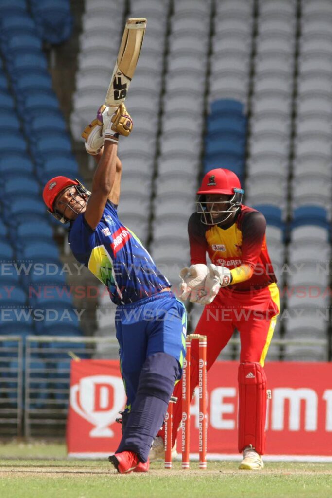 Blue Devils' Crystian Thurton plays a shot against Scarlet Ibis Scorchers in the Dream XI T10 Blast on Friday. - Marvin Hamilton