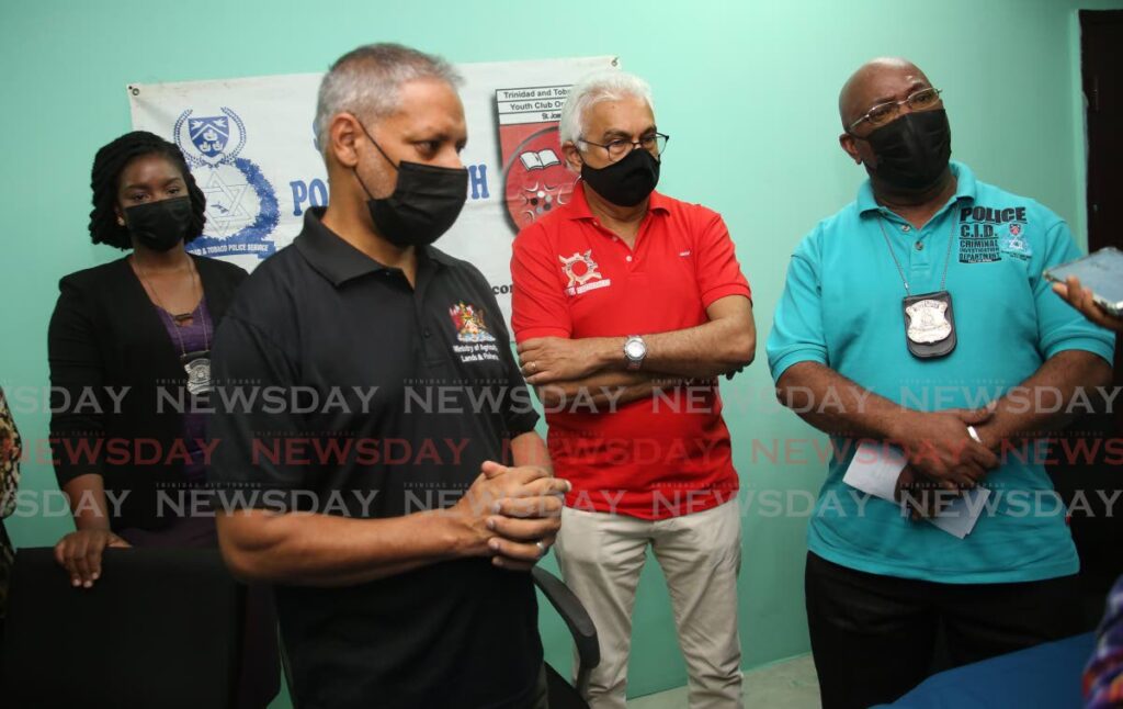 GETTING INVOLVED: From left: Head of the St Joseph Police Youth Club WPC Sacha Williams-Goddard,  Agriculture Minister Clarence Rambharat, Health Minister Terrence Deyalsingh and acting Police Commissioner McDonald Jacob answer questions on the club's newest initiative on Sunday. - SUREASH CHOLAI