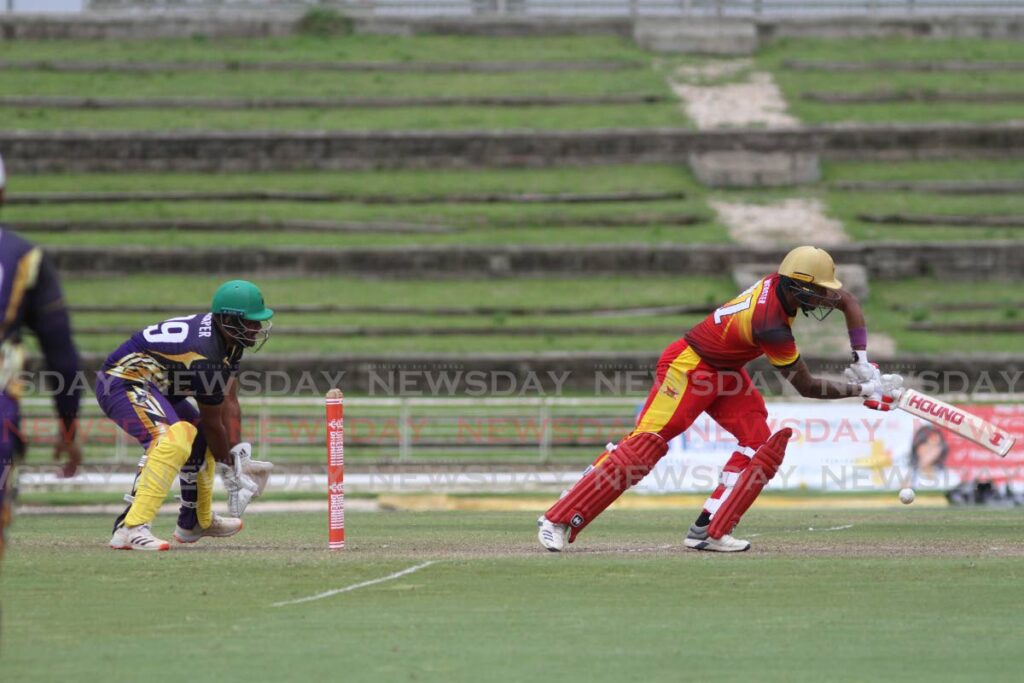 Scarlet Ibis Scorchers’ Tion Webster bats during the TTCB Dream XI T10 Blast match against the Cocrico Cavaliers, on Monday, at the Brian Lara Stadium in Tarouba. - Marvin Hamilton