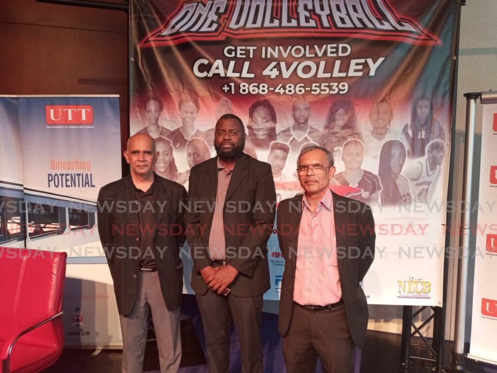 TT Volleyball Federation president Daymian Stewart, middle, along with Federation Internationale de Volleyball executive vice-president Mushtaque Mohammed, left, and UTT president Prakash Persad. - 