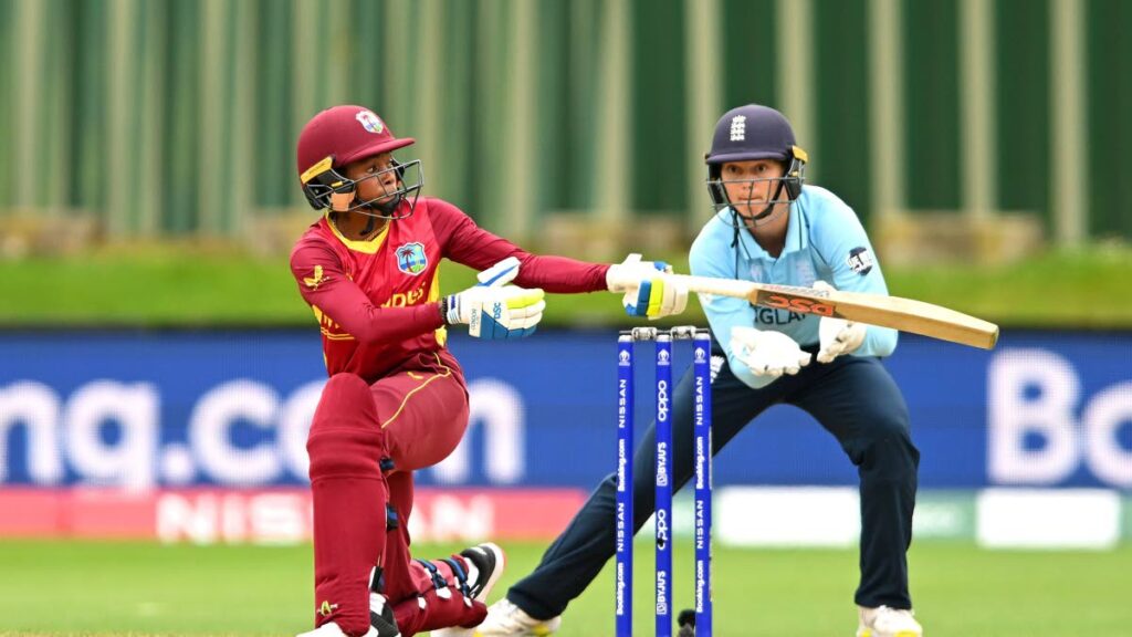 West Indies batter Shemaine Campbell plays a sweep shot against England at the ICC World Cup in New Zealand on Wednesday. - ICC