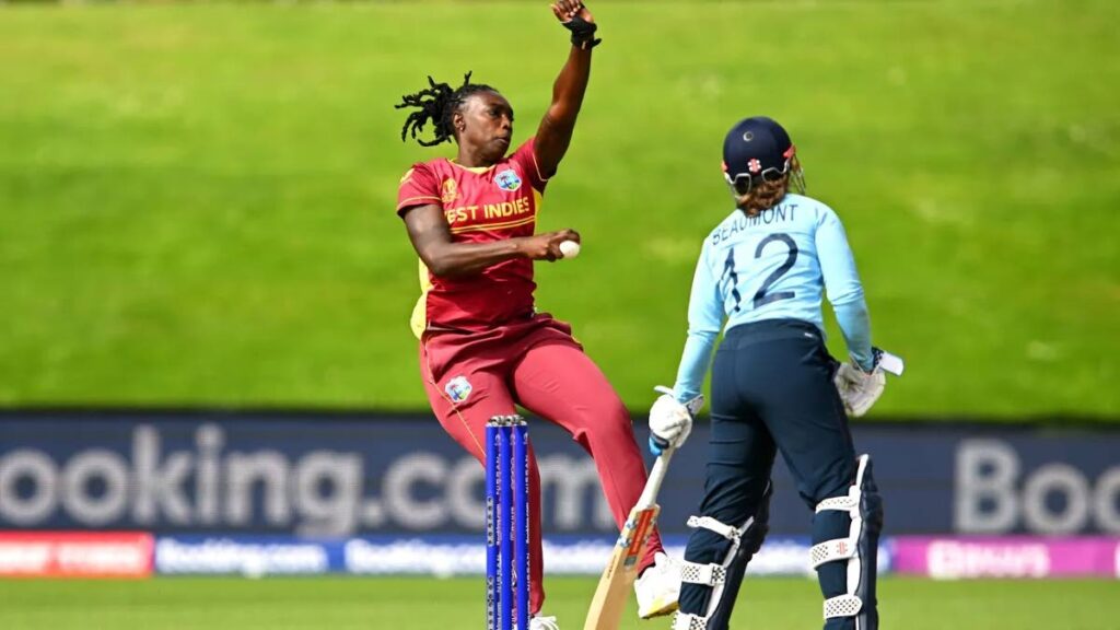 West Indies' Shamilia Connell bowls during the 2022 ICC Women's Cricket World Cup match against England at University Oval on Wednesday, in Dunedin, New Zealand. - via ICC