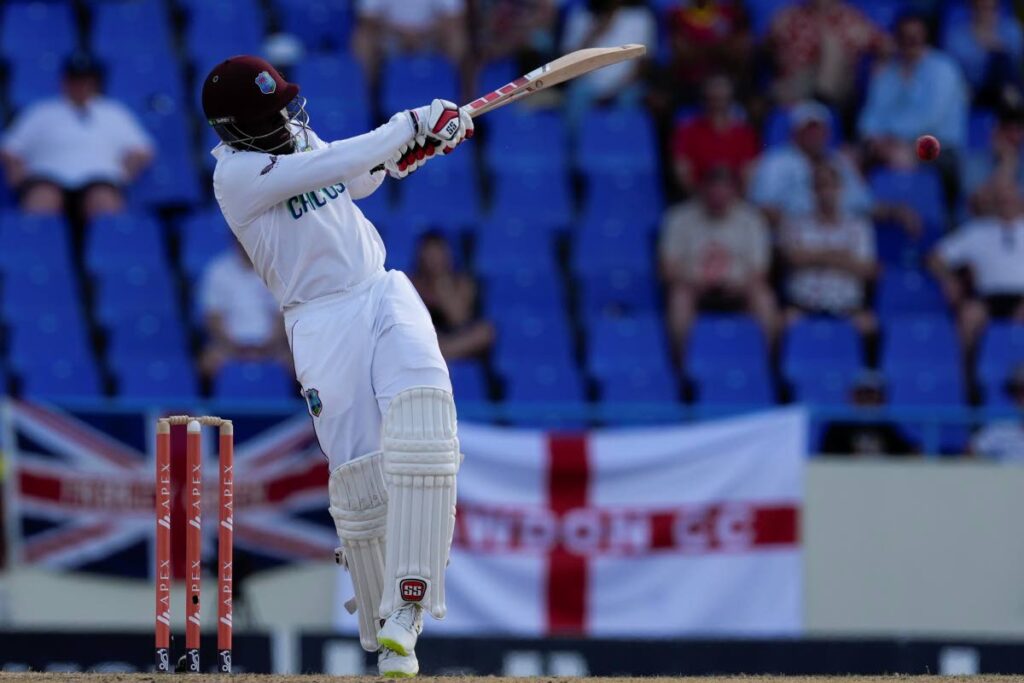 West Indies' Nkrumah Bonner plays a shot from the bowling of England's Mark Wood on day two of their first Test match at the Sir Vivian Richards Cricket Ground in North Sound, Antigua, on Wednesday. (AP PHOTO) - 