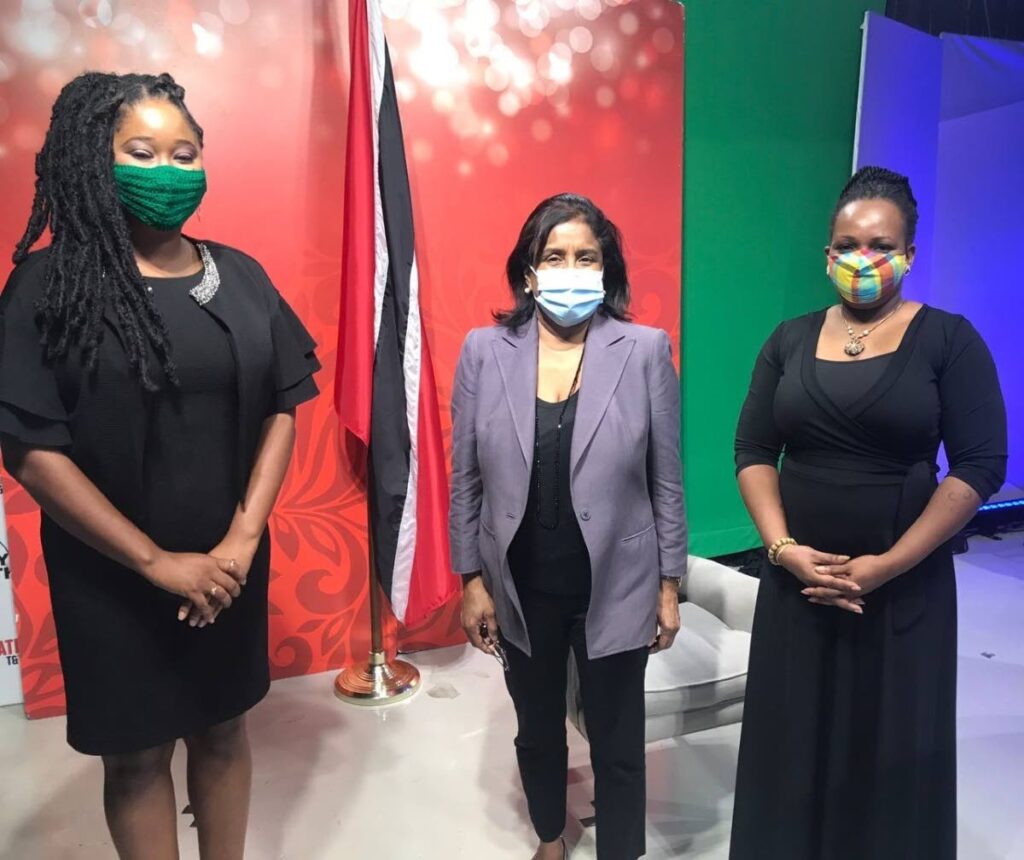 Filming of The Pitch:  Leslie-Ann Wills-Caton, FilmTT general manager, left; Minister of Trade Paula Gopee-Scoon and FilmTT chairman Dionne Mc Nicol-Stephenson. - 