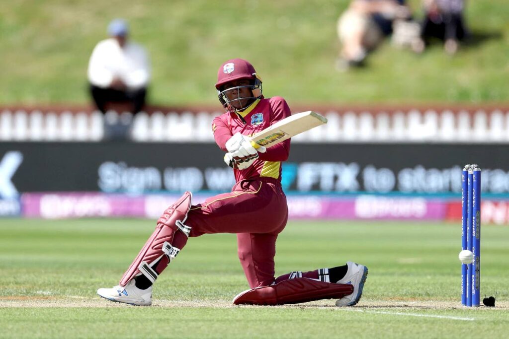 West Indies' captain Stafanie Taylor plays a shot during the 2022 Women's Cricket World Cup match against Australia at the Basin Reserve in Wellington, New Zealand on March 15.  - via ICC