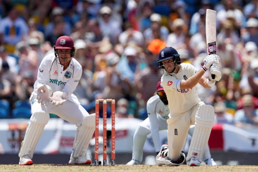 England's captain Joe Root plays a shot during day one of the second Test match against West Indies at the Kensington Oval in Bridgetown, Barbados, on Wednesday. (AP Photo) - 