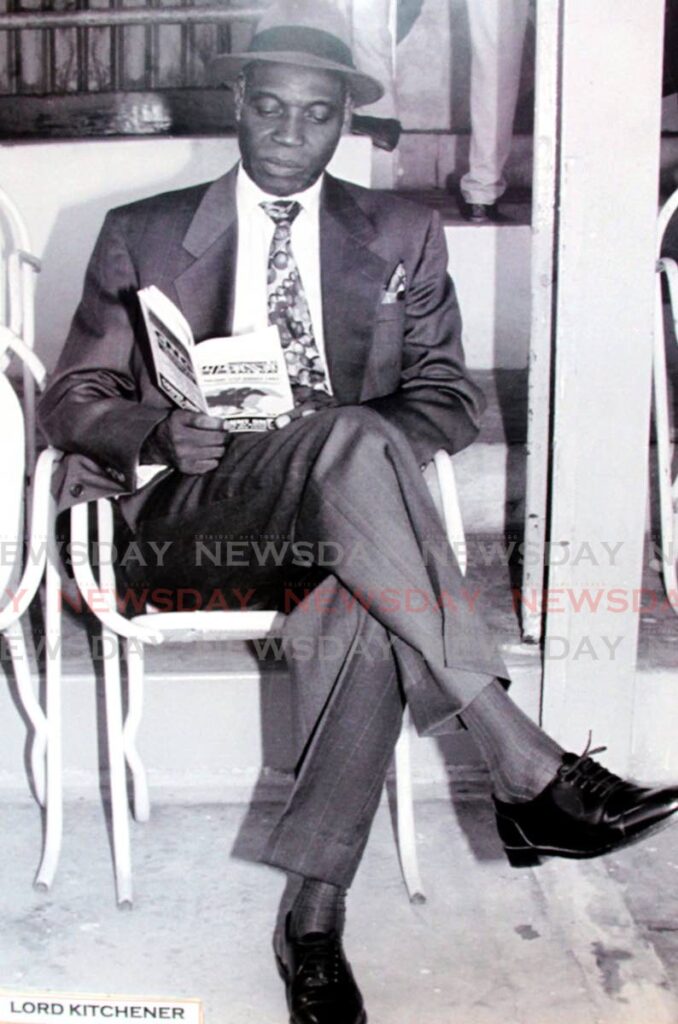 A photo of Lord Kitchener reading at the races on display at the National Library and Information System Authority’s  (Nalis) exhibition titled 100 years of Kitch.  Photo by Ayanna Kinsale