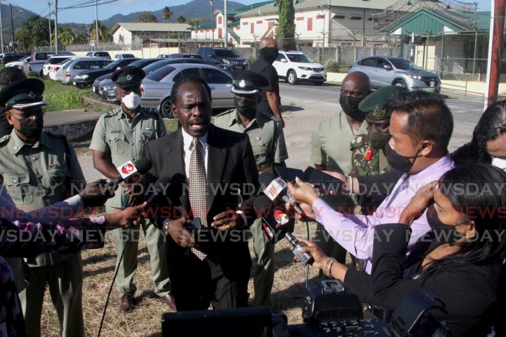 Minister of National Security Fitzgerald Hinds speaks to media after a tour of the Golden Grove Prison on Tuesday. - ROGER JACOB