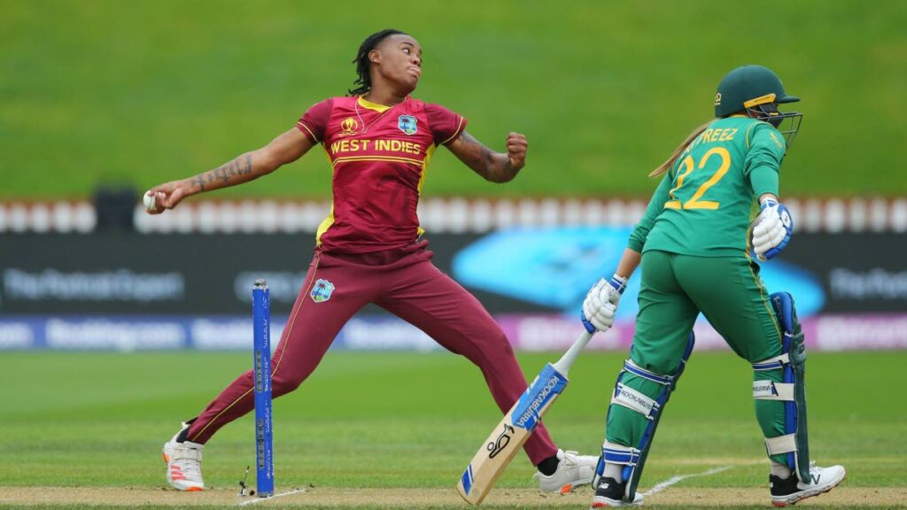 Chinelle Henry of the West Indies bowls during the 2022 ICC Women's Cricket World Cup match between South Africa and West Indies at Basin Reserve on Thursday in Wellington, New Zealand. PHOTO COURTESY ICC - 