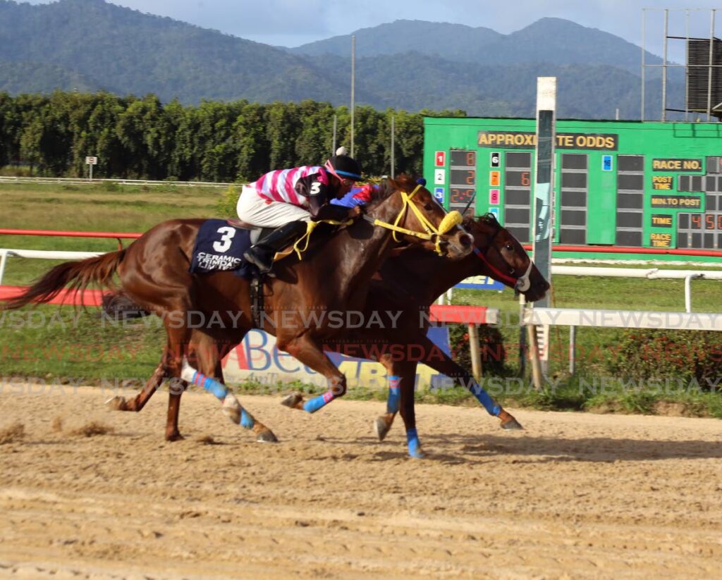 Nuclear Fire (right), ridden by Ricardo Jadoo, edges past Soca Symphony, with Brian Boodramsingh aboard, to win the fifth race at the Santa Rosa Park, Arima on Saturday. - SUREASH CHOLAI