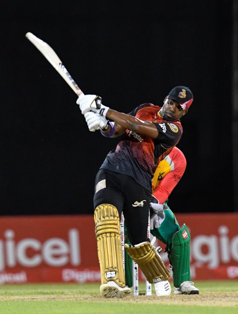 In this September 9, 2018 file photo, Darren Bravo of Trinbago Knight Riders hits a six during match 30 of the Hero Caribbean Premier League between Guyana Amazon Warriors and Trinbago Knight Riders at Guyana National Stadium in Providence, Guyana. - CPL T20