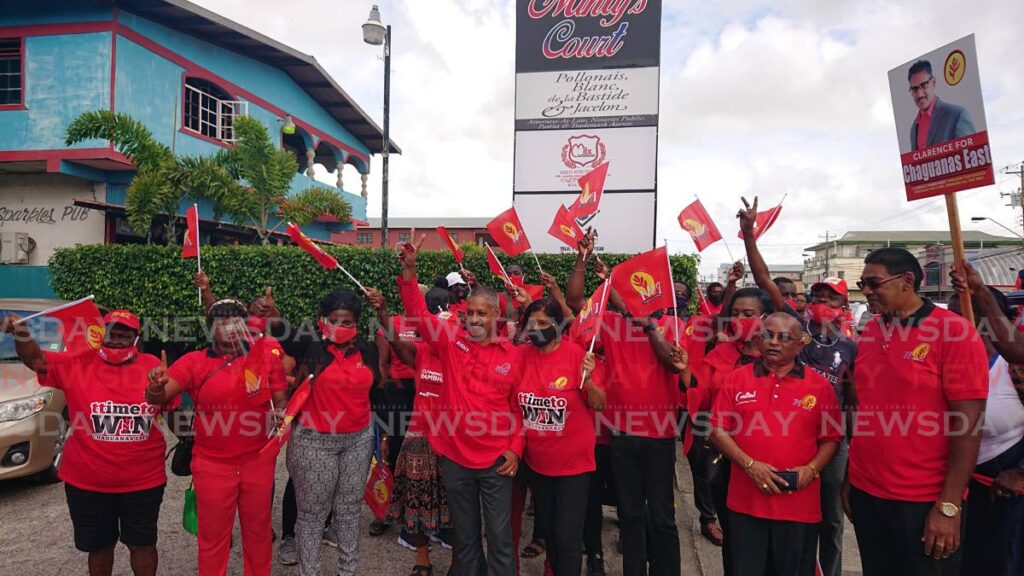 In this July 17 2020 file photo, Clarence Rambharat with supporters after filing nomination papers as the PNM candidate for Chaguanas East ahead of the August 10 general election.  - 