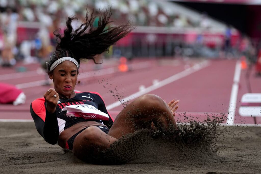 Tyra Gittens, of Trinidad and Tobago, competes in the qualification rounds of the women's long jump at the 2020 Summer Olympics, on August 1, 2021, in Tokyo. (AP PHOTO) - 