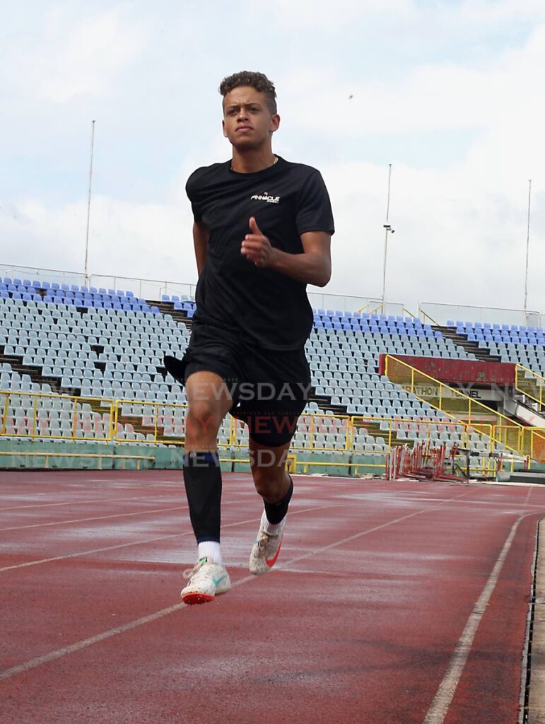 Trinidad and Tobago sprinter Dylan Woodruffe trains at the Hasely Crawford Stadium, Port of Spain, on Thursday, as he prepares for the 2022 Carifta Games which start on April 16. Woodruffe will be competing in the boys’ under-17 4x400m. - PHOTO BY ROGER JACOB