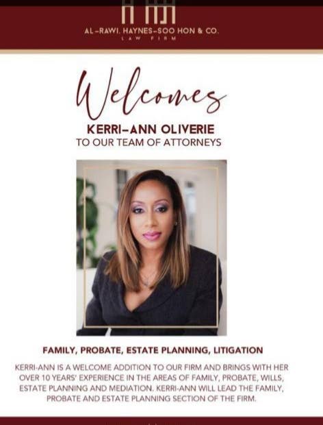 The notice welcoming attorney Kerri-Ann Oliverie to the law firm of Al Rawi Haynes Soo Hon and Co. - 