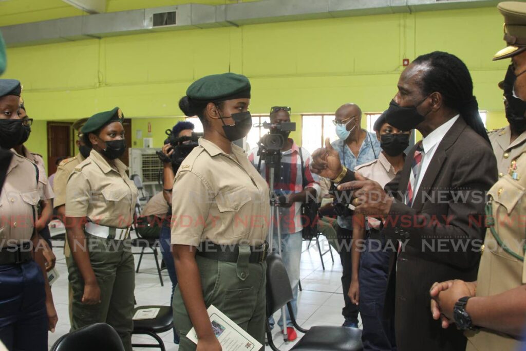 Minister of National Security Fitzgerald Hinds speak to trainees at the launch of the TTDF Joint Training Academy in Corinth, San Fernando on April 9. - Marvin Hamilton