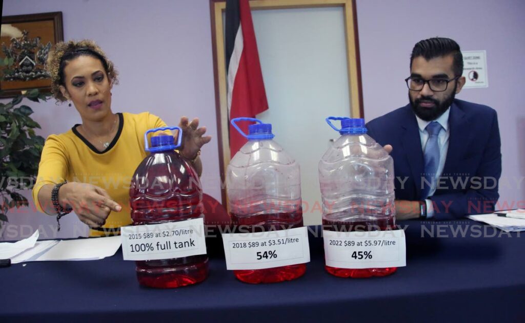 GAS TALK: St Augustine MP Khadijah Ameen and Barataria/San Juan MP Saddam Hosein use three bottles, filled with colour at various levels, to illustrate the reduced purchasing power for gas, during their press conference on Sunday. PHOTO BY SUREASH CHOLAI - 