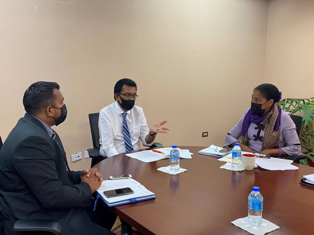 Agriculture, Land and Fisheries Minister Kazim Hosein (centre) with Minister in the Ministry Avinash Singh and the ministry's acting Permanent Secretary Jacqueline Rawlins on Monday. Photo courtesy Ministry Agriculture, Land and Fisheries