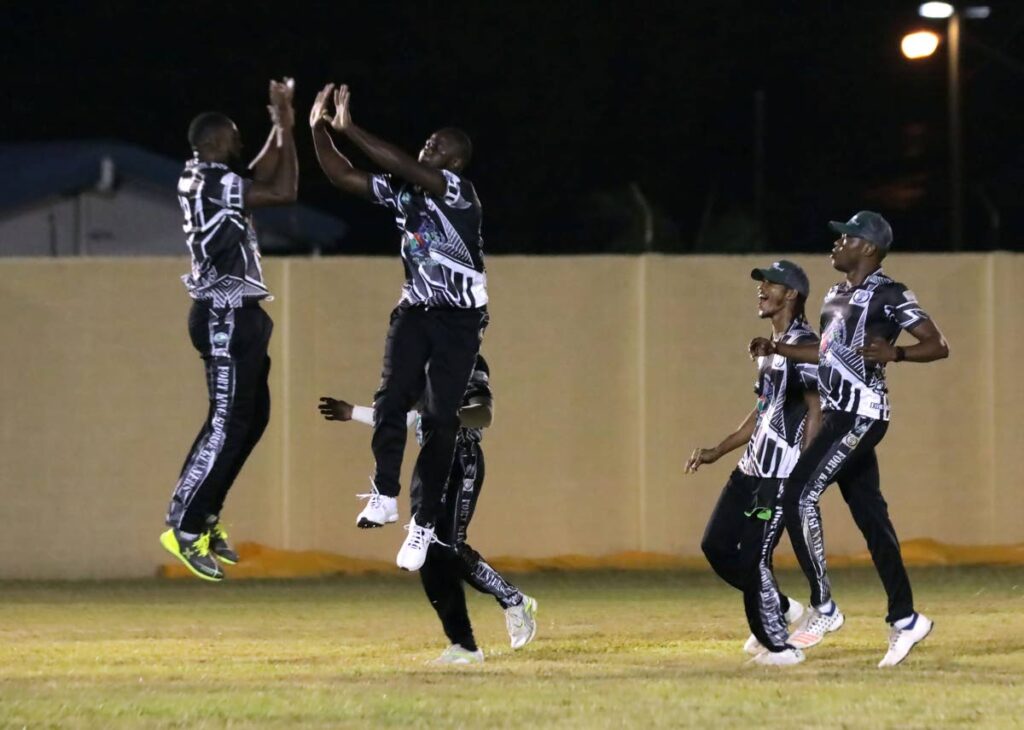 Fort King George Gunners players celebrate a dismissal against Buccoo Reef Divers during their Chief Secretary T10 Blast match, on Monday, at the Cyd Gray Sporting Complex, Roxborough. - via Chief Secretary T10 Blast
