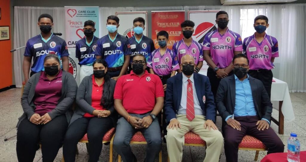 TTCB president Azim Bassarath, fourth from left, and The Price Club Supermarket marketing manager Riaz Abdool, right, with some of the players for Saturday's U15 North/South Classic.  - Courtesy Price Club Supermarket