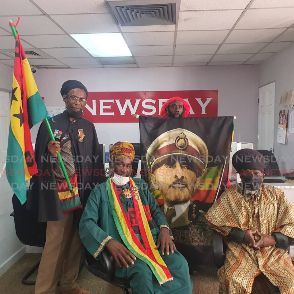 Bobo Shanti priests Priest Imsley of Zion, Priest Nyahbinghi, Prophet Dexter Zola, Prophet J Isasha at Newsday's Port of Spain office on Thursday. - Photo by Cherisse L Berkeley