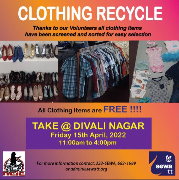 A notice on the Sewa TT website giving information on its clothes donation drive which takes place on Good Friday at the NCIC Divali Nagar site in Chaguanas.  - 