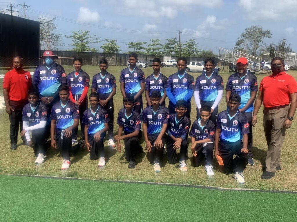Members of the South Under-15 cricket team, ahead of the North/South Classic, at the National Cricket Centre, Couva on Saturday. PHOTO COURTESY TRINIDAD AND TOBAGO CRICKET BOARD. - 