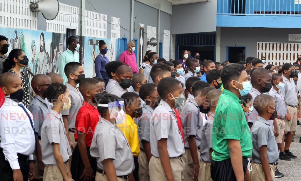 Pupils of Arima Boys' RC Primary School gathered for morning assembly at the start of the first day of school. Photo by Roger Jacob